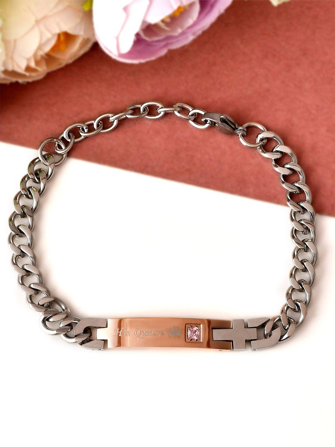 aquastreet women silver-toned & copper-toned silver-plated charm inscribed bracelet