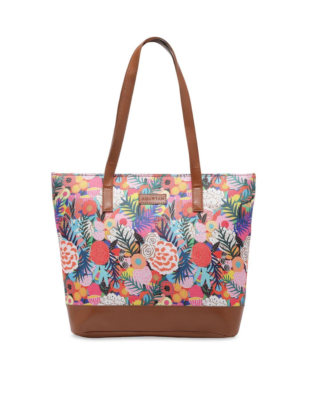 aquatan tan floral printed pu structured shoulder bag