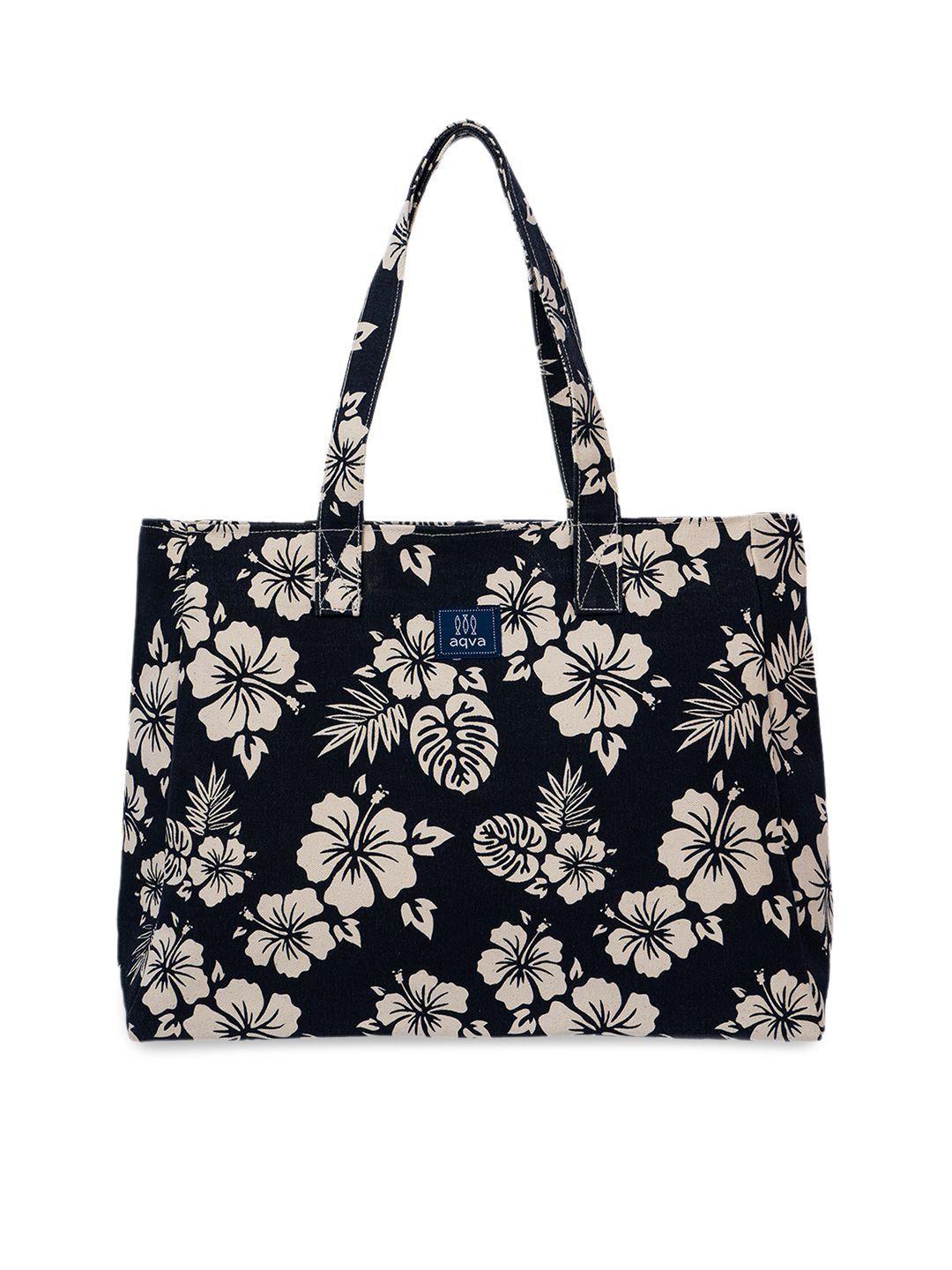 aqva black floral printed shopper cotton tote bag