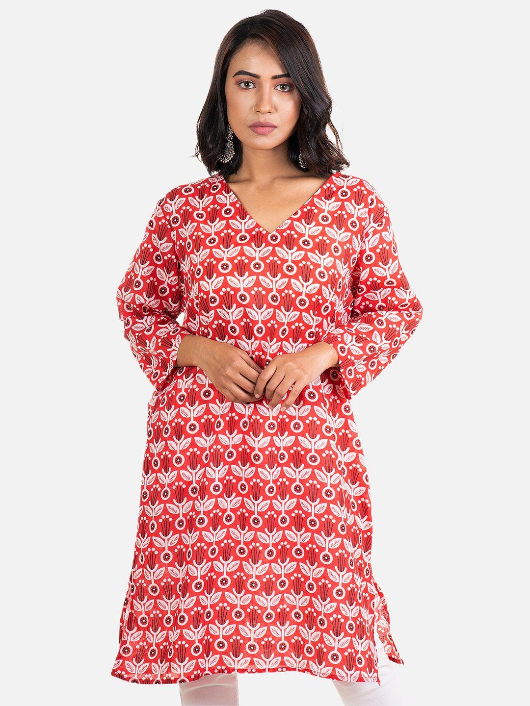 aqva floral printed v neck three quarter sleeves cotton straight kurta