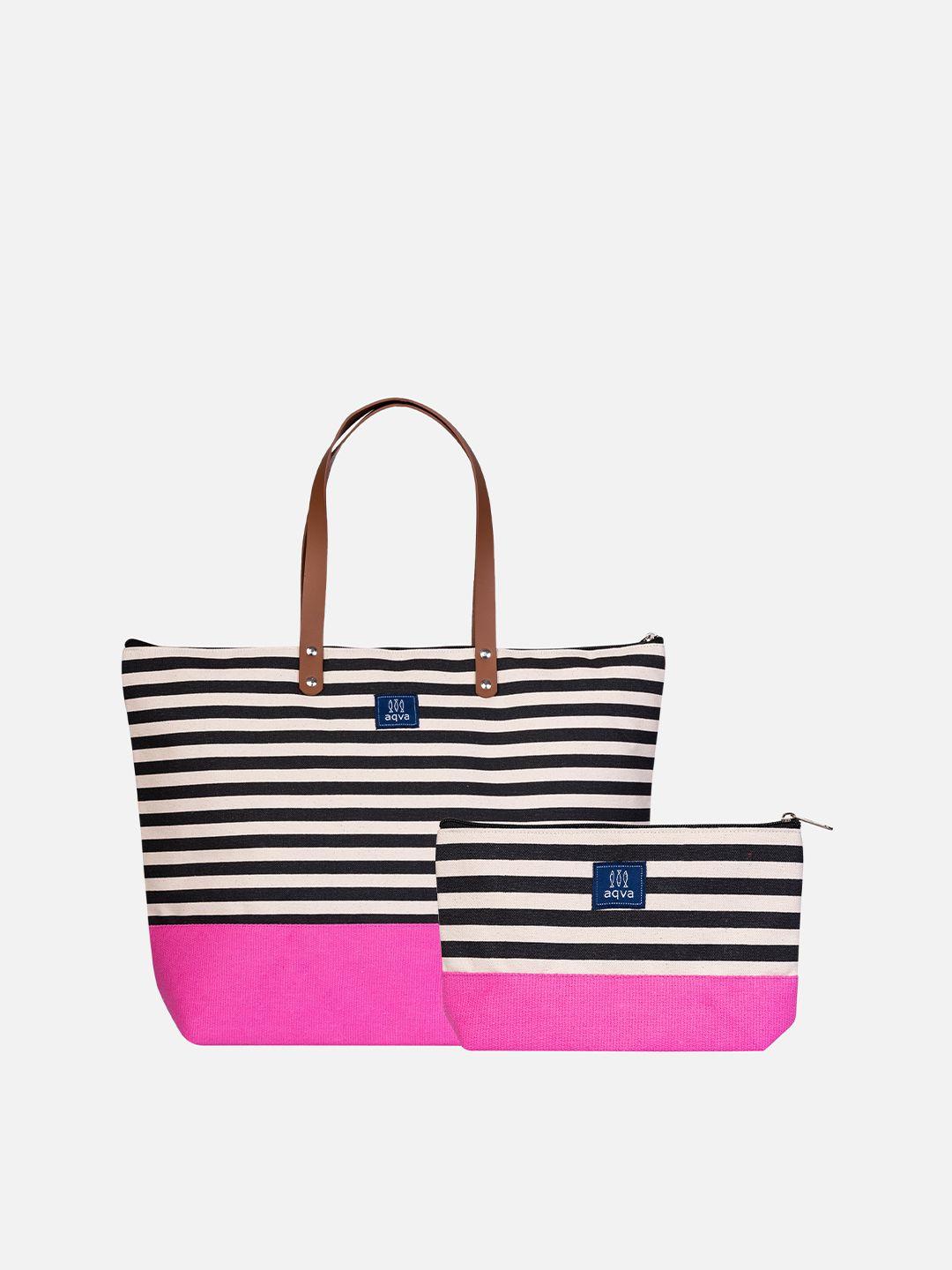 aqva fuchsia cotton striped oversized shopper tote bag