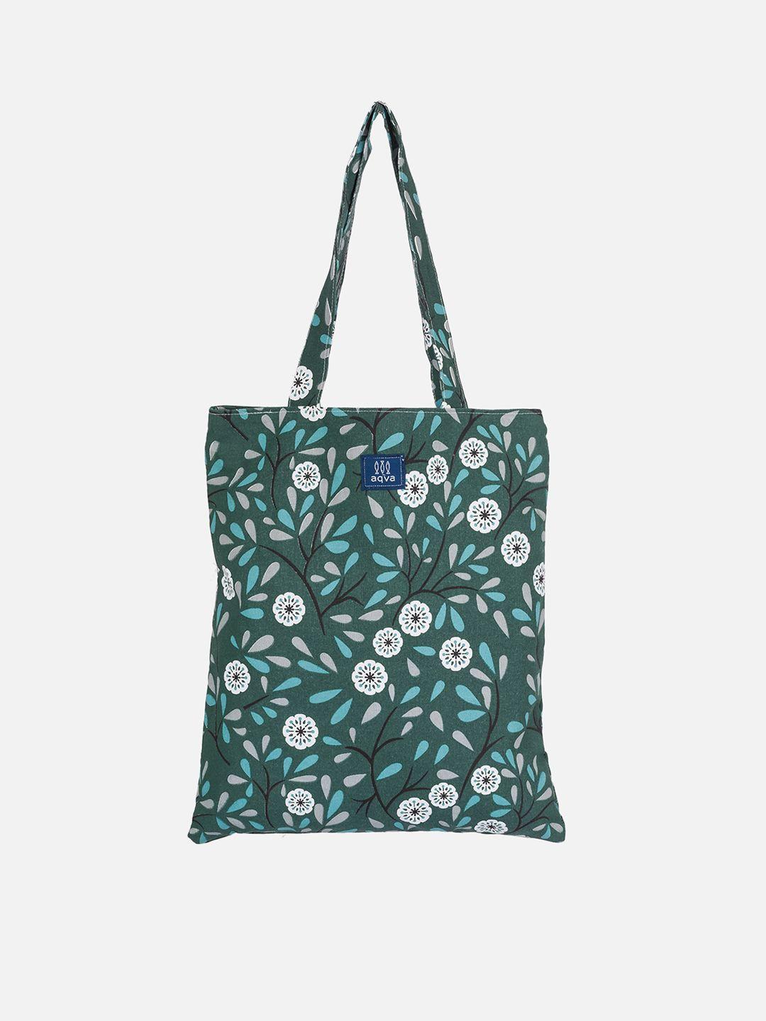 aqva green cotton floral printed structured tote bag