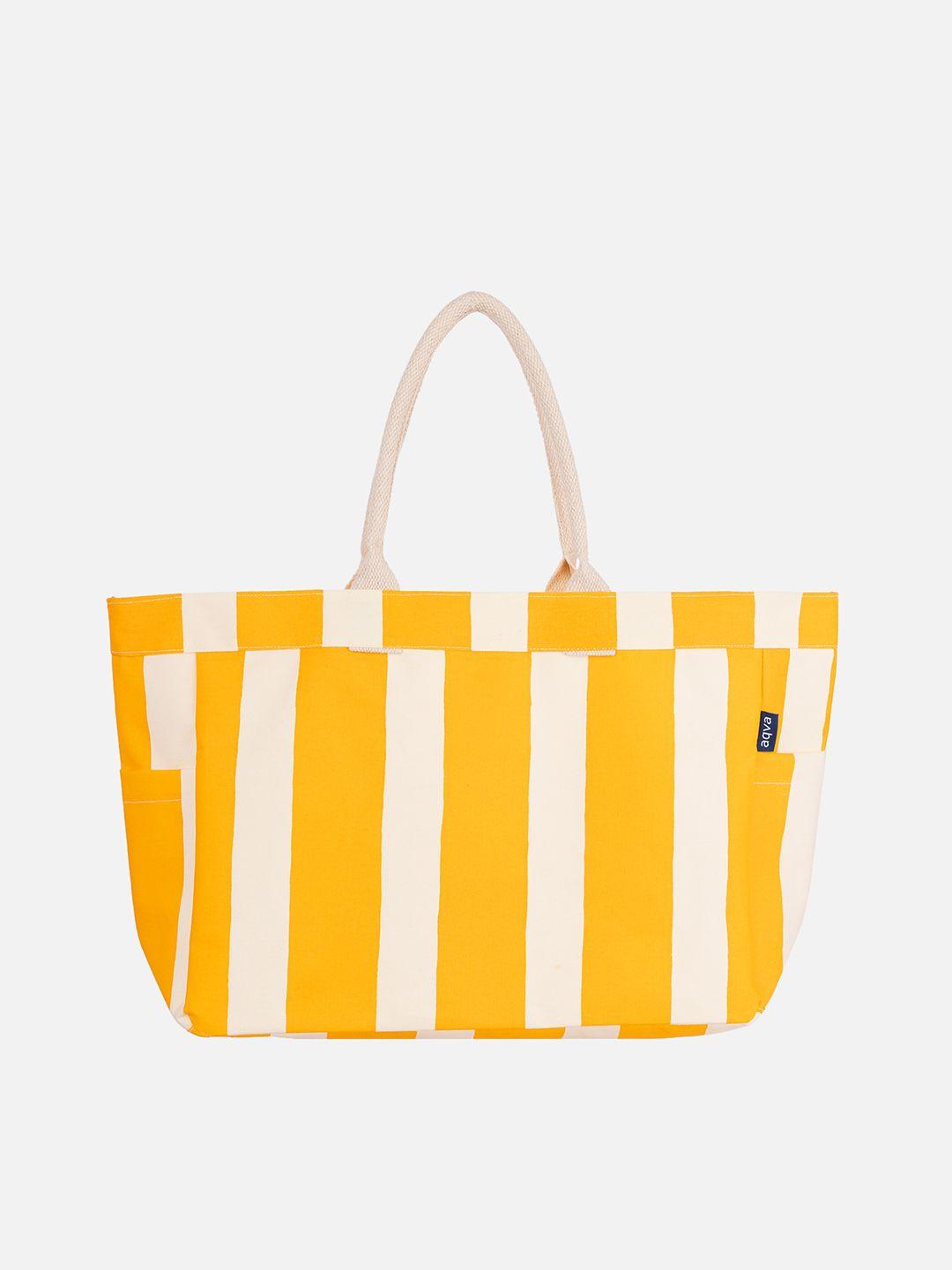 aqva mustard yellow striped oversized cotton shopper shoulder bag