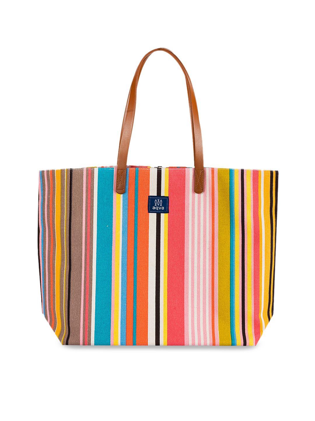 aqva orange striped shopper cotton handheld bag