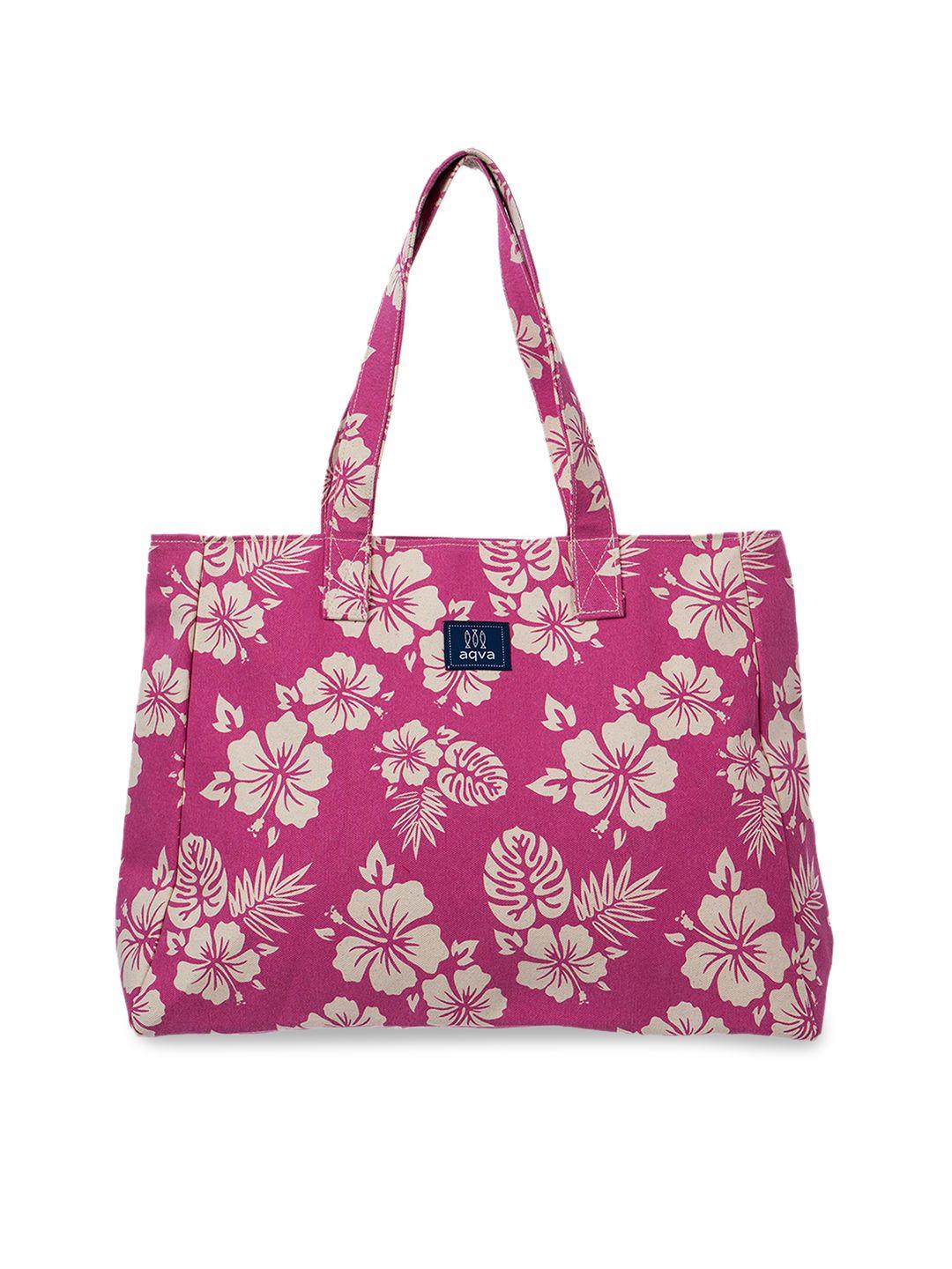 aqva pink floral printed structured tote bag with tasselled