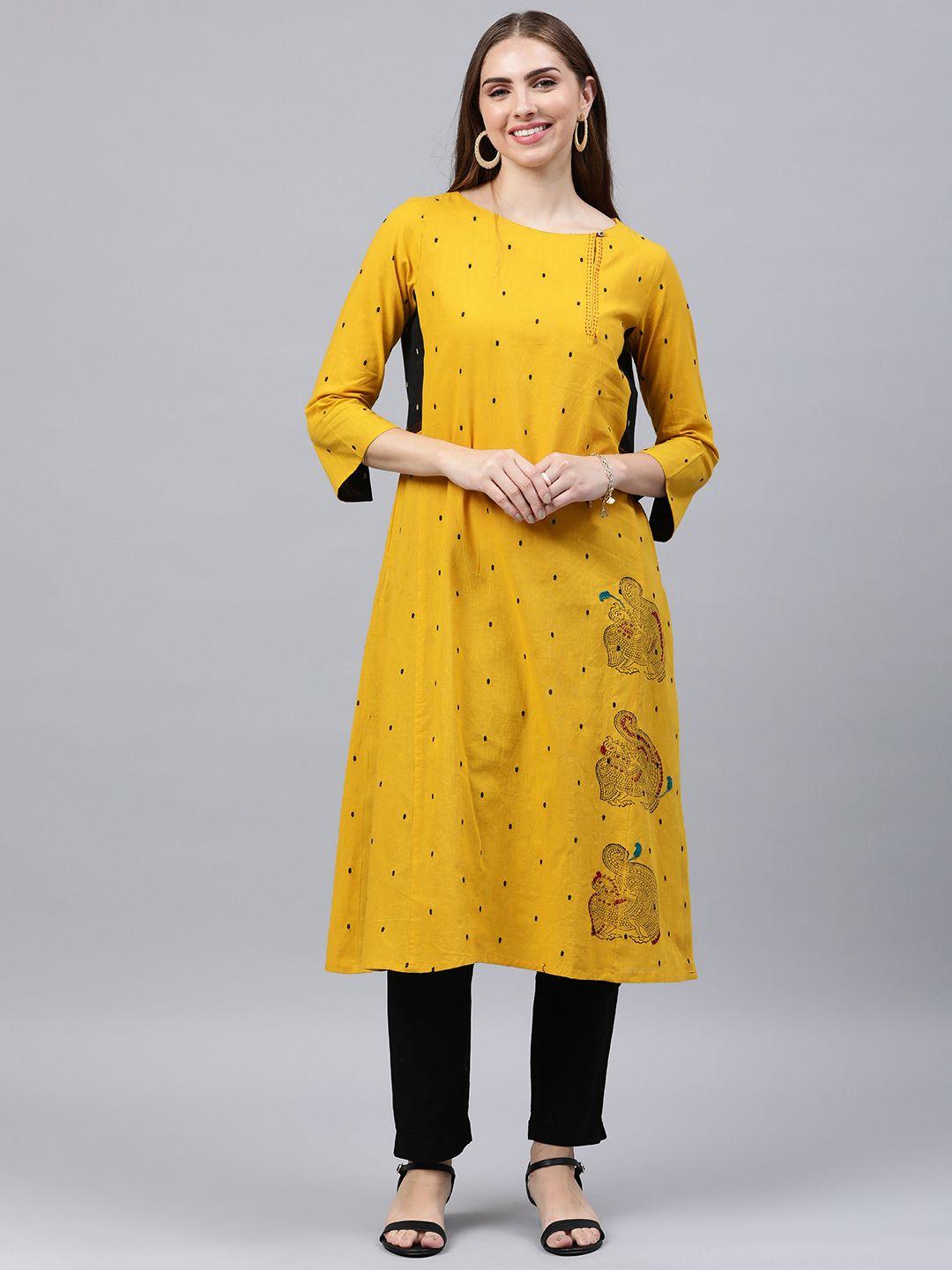 araaliya ethnic motifs embroidered keyhole neck thread work dobby pure cotton kurta