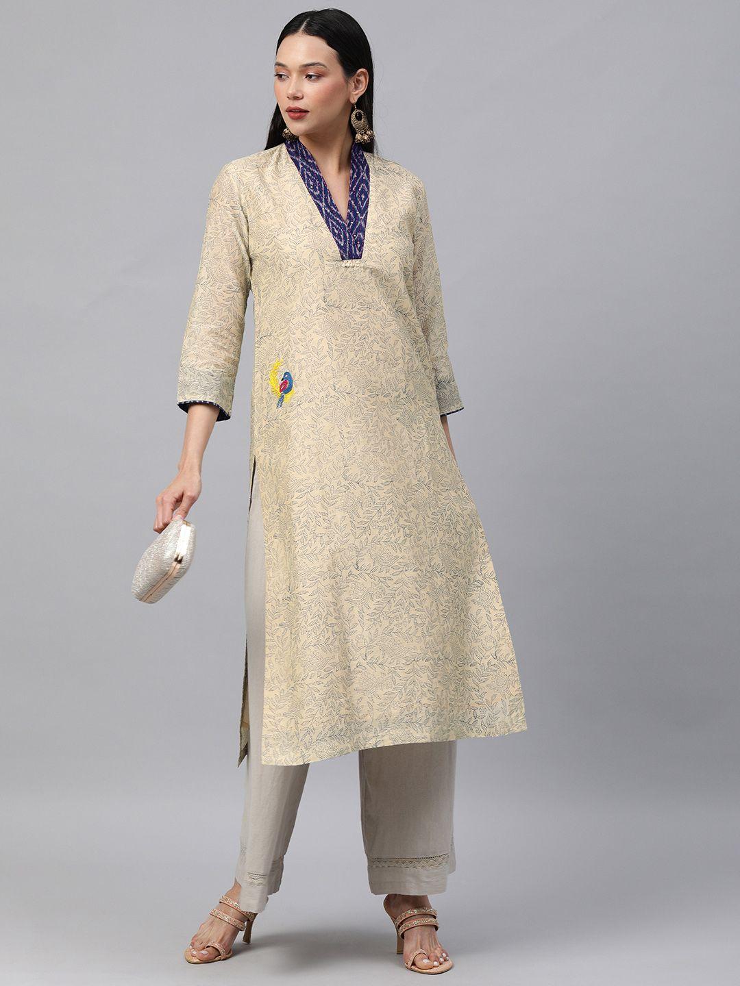 araaliya women beige ethnic motifs printed thread work kurta