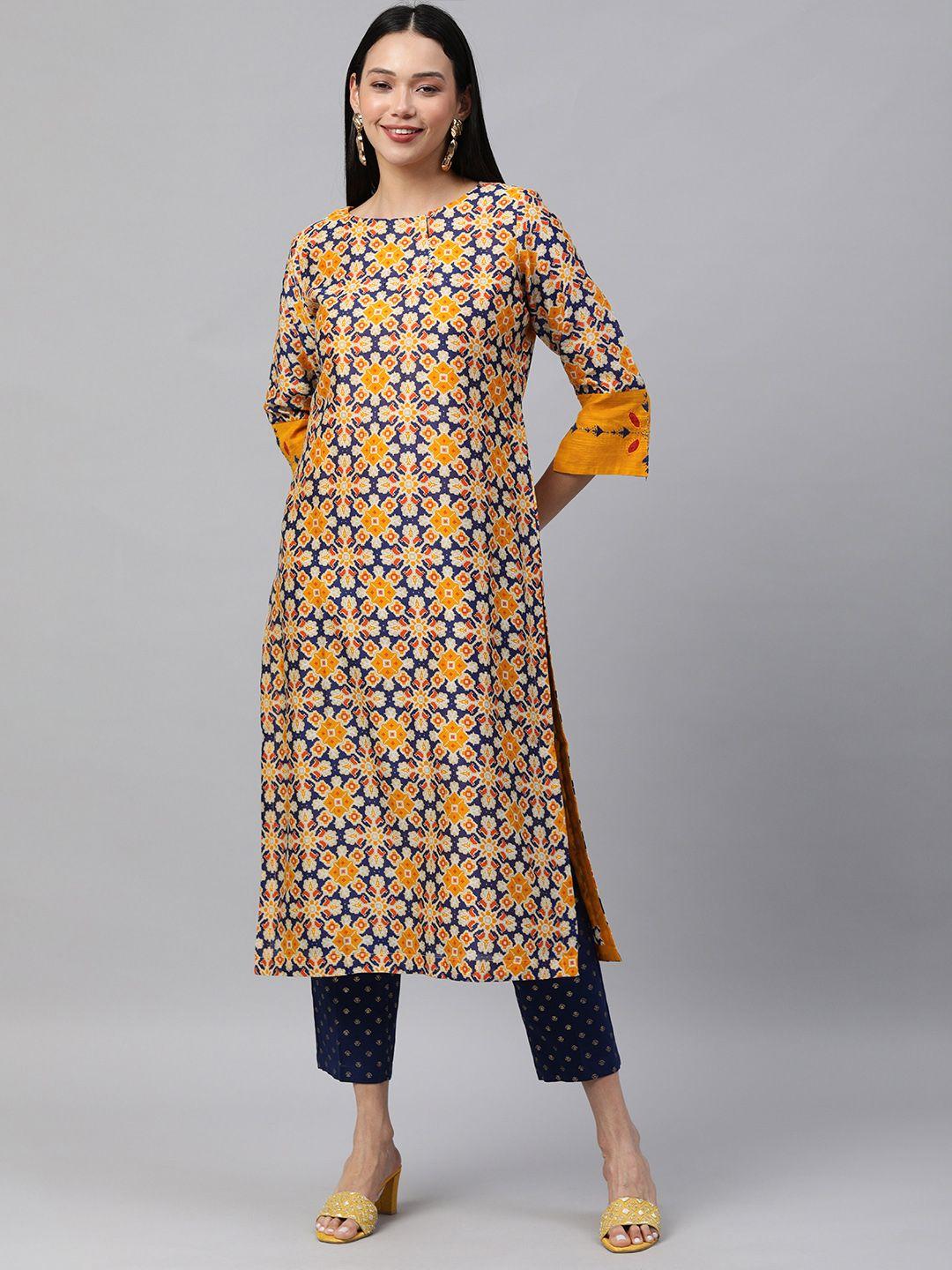 araaliya women multicoloured geometric printed thread work kurta