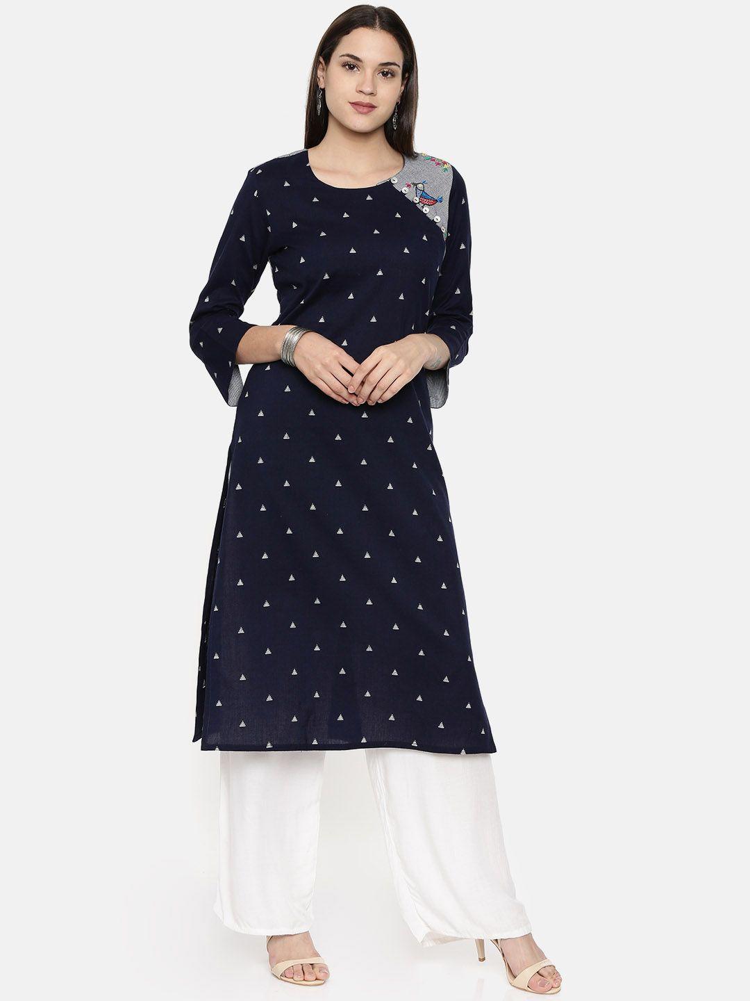 araaliya women navy blue & white woven design a-line kurta