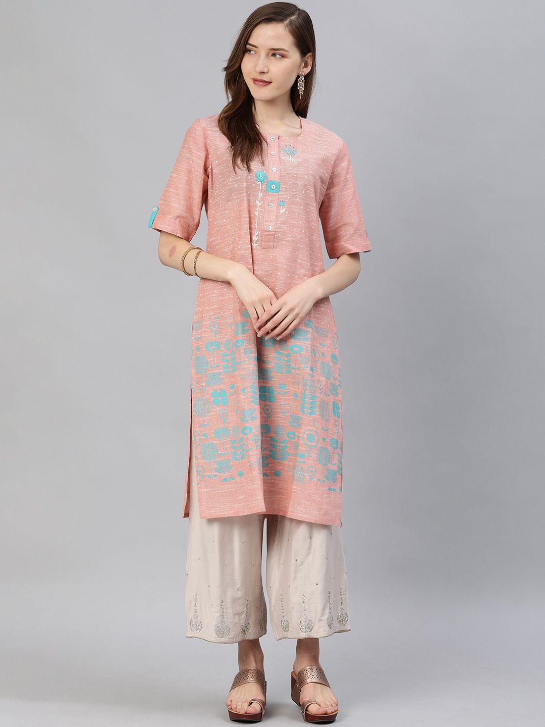 araaliya women peach & turquoise blue printed straight kurta with embroidered detail