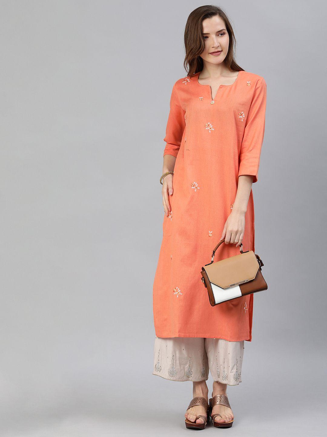 araaliya women peach-coloured embroidered straight kurta