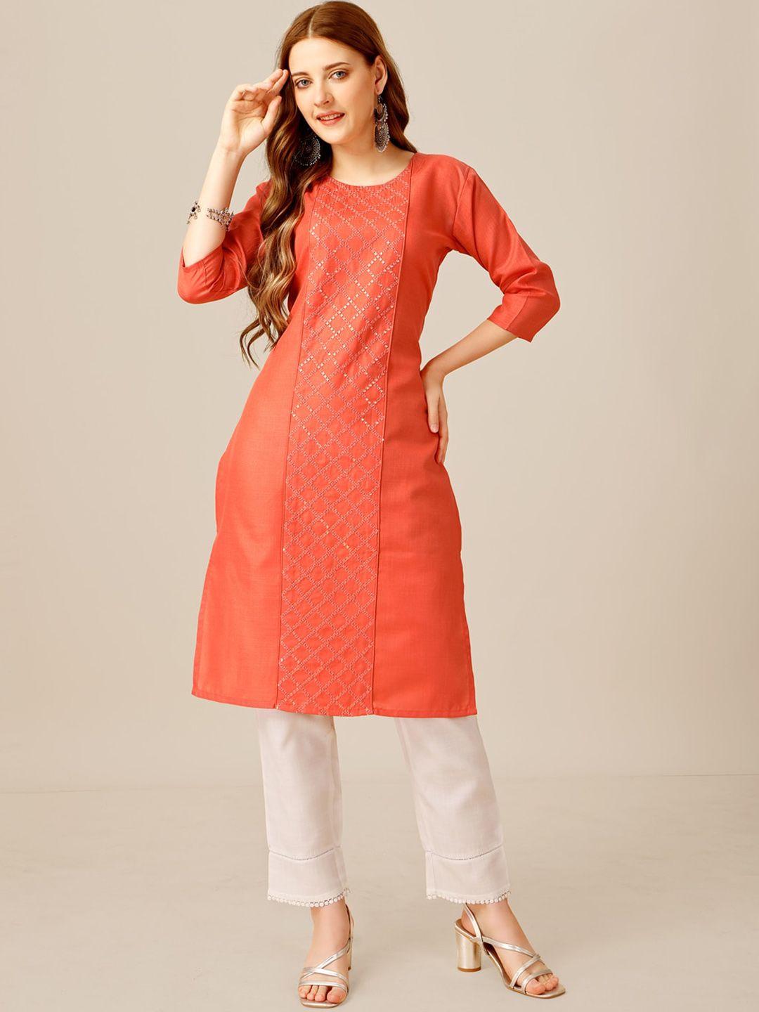 aradhna geometric embroidered three-quarter sleeve sequins regular kurta with trouser