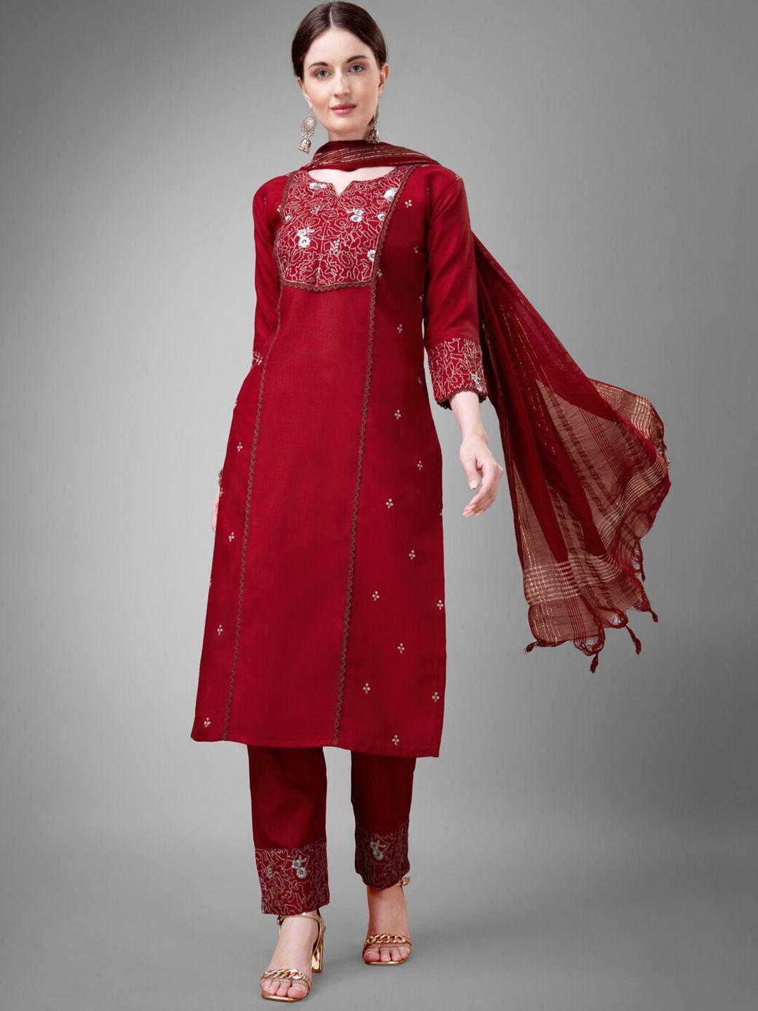 aradhna women ethnic motifs embroidered regular thread work kurti with trousers & with dupatta