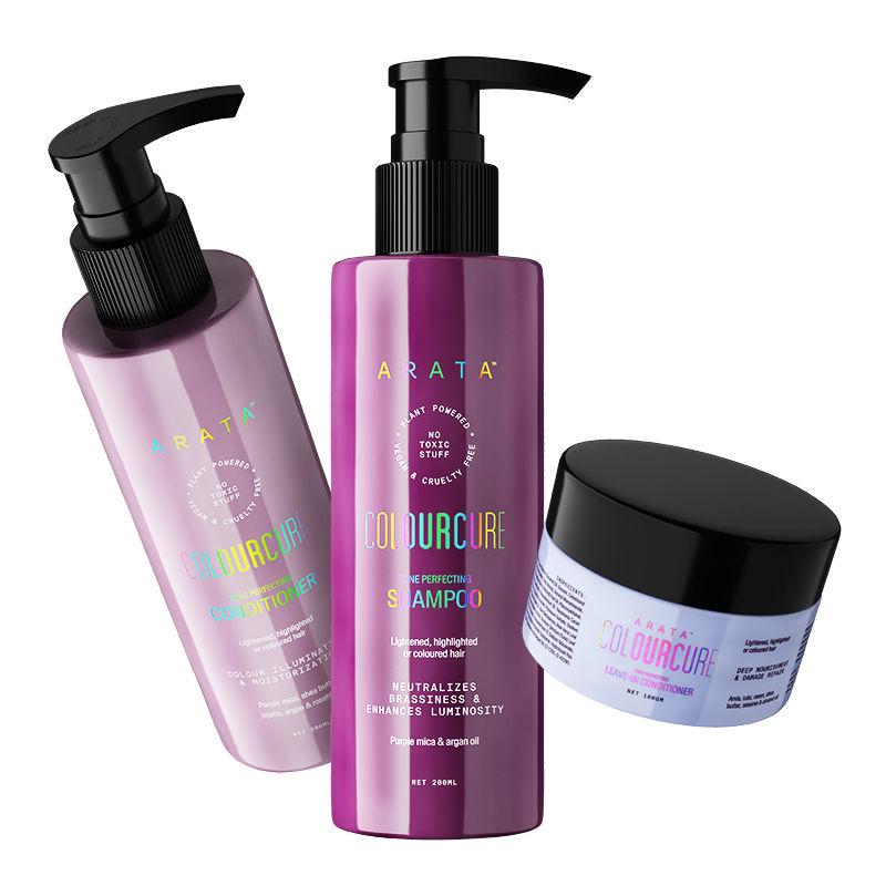 arata colour cure trio for blonde, ash & brunette hair with purple mica