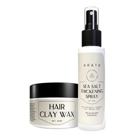 arata ultimate hair set with sea salt thickening hair spray (50 ml) & hair clay wax (50 gm) | pre-styler for instantly thicker, full-bodied hair | style for a matte finish with maximum control