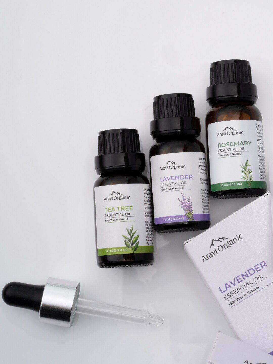aravi organic 3-pcs tea tree - lavender & roseamary essential oil 15 ml each