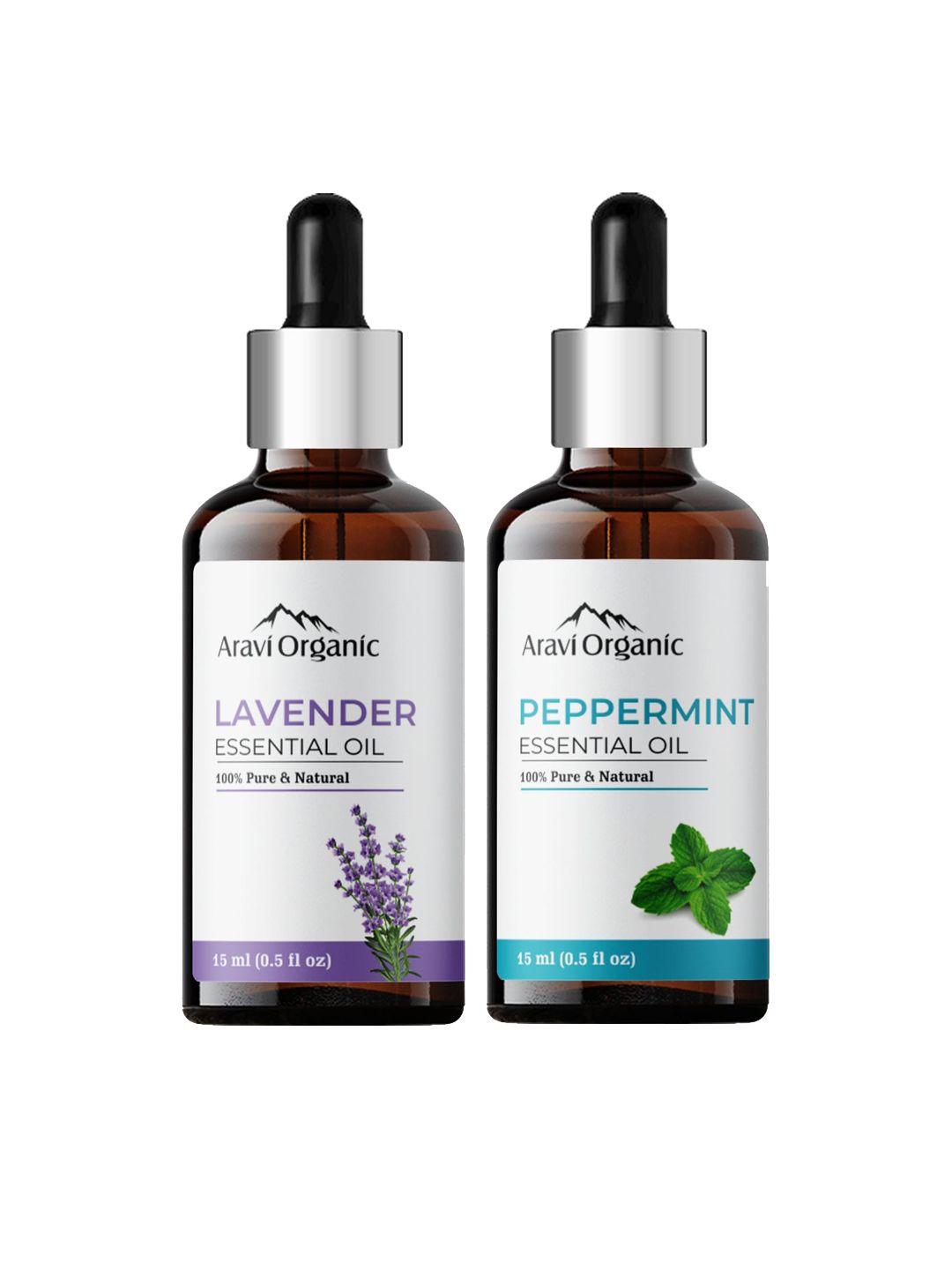 aravi organic set of 100% pure & natural lavender & peppermint essential oil - 15 ml each