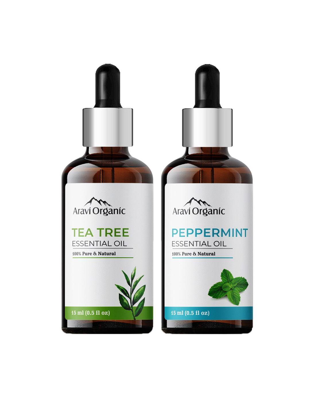 aravi organic set of 100% pure & natural tea tree & peppermint essential oil - 15 ml each