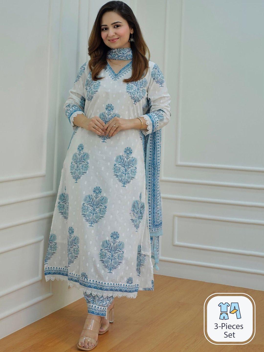 arayna ethnic motifs printed pure cotton kurta with harem pants & dupatta