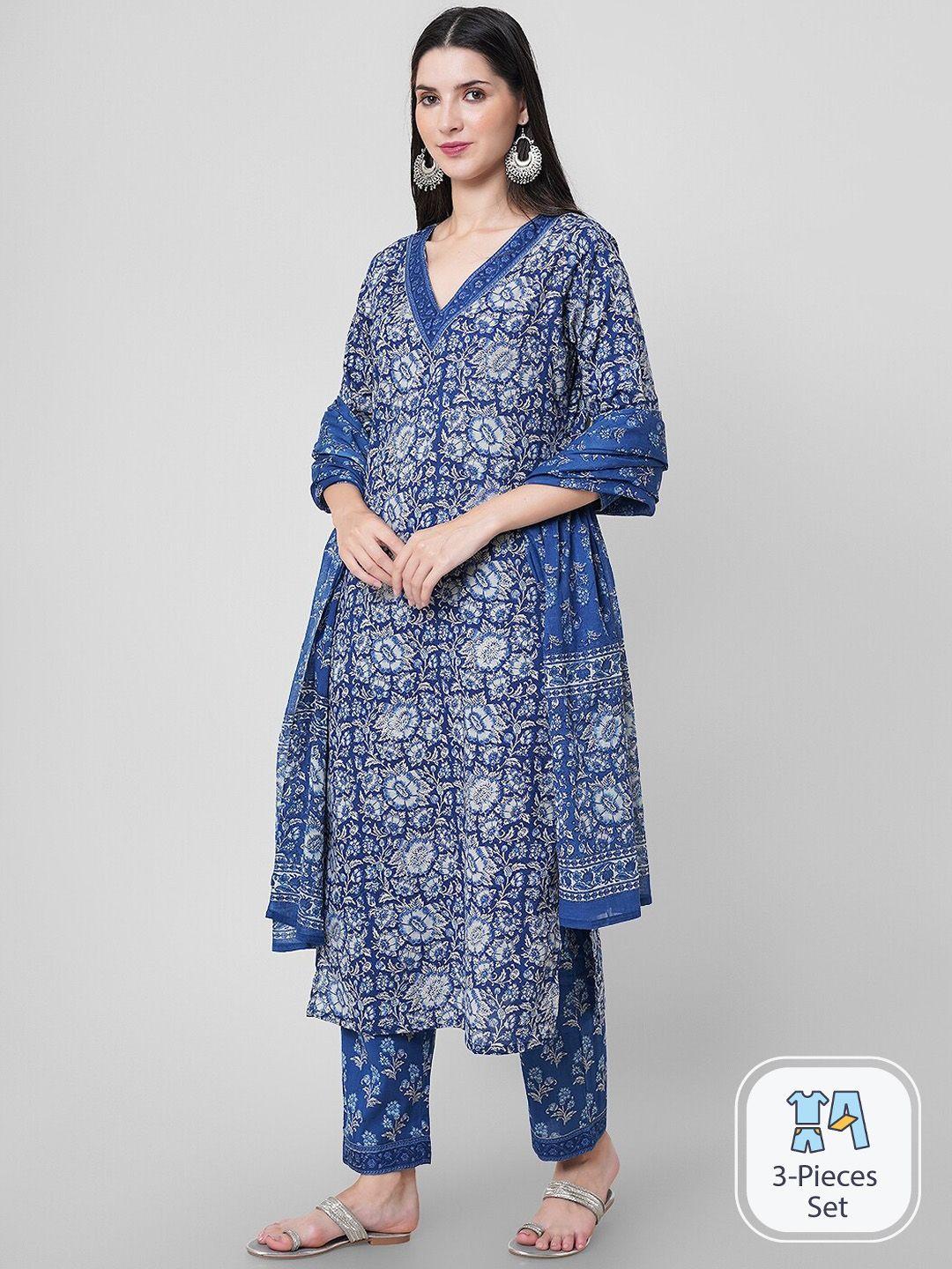 arayna ethnic motifs printed pure cotton kurta with trousers & dupatta