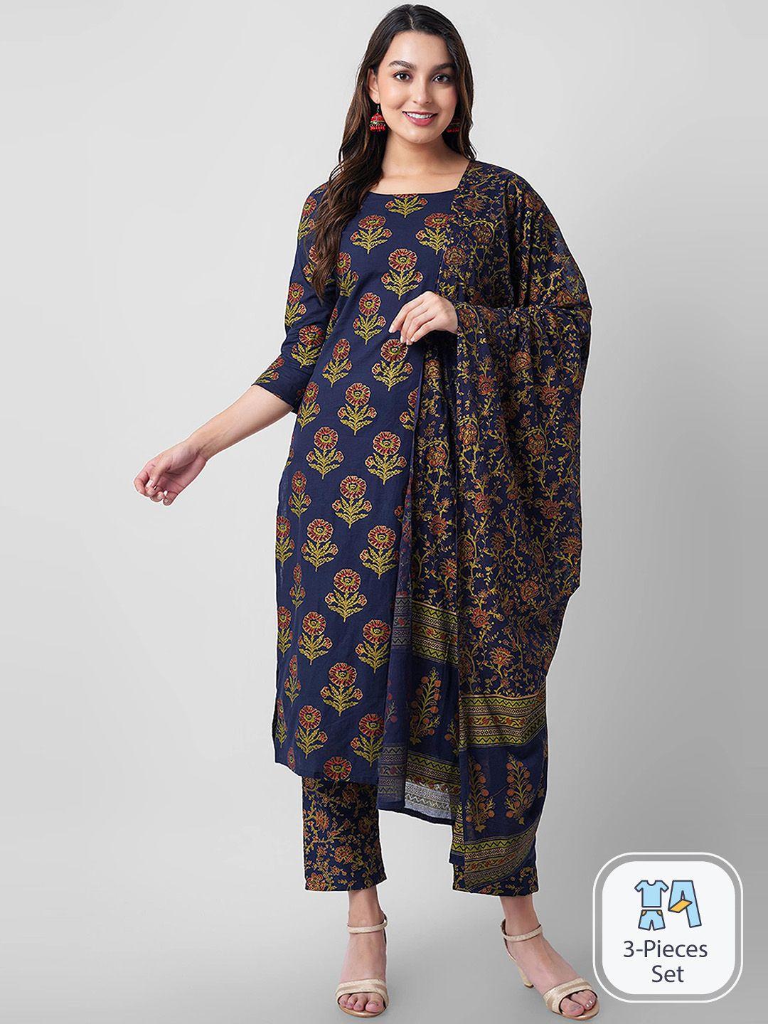 arayna ethnic motifs printed pure cotton straight kurta with trousers & dupatta