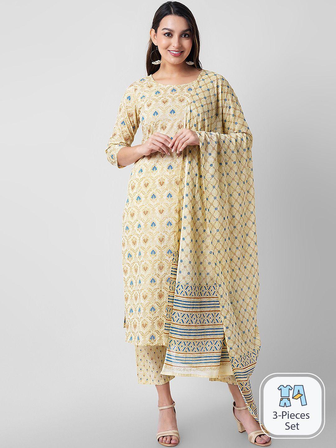 arayna ethnic motifs printed pure cotton straight kurta with trousers & dupatta
