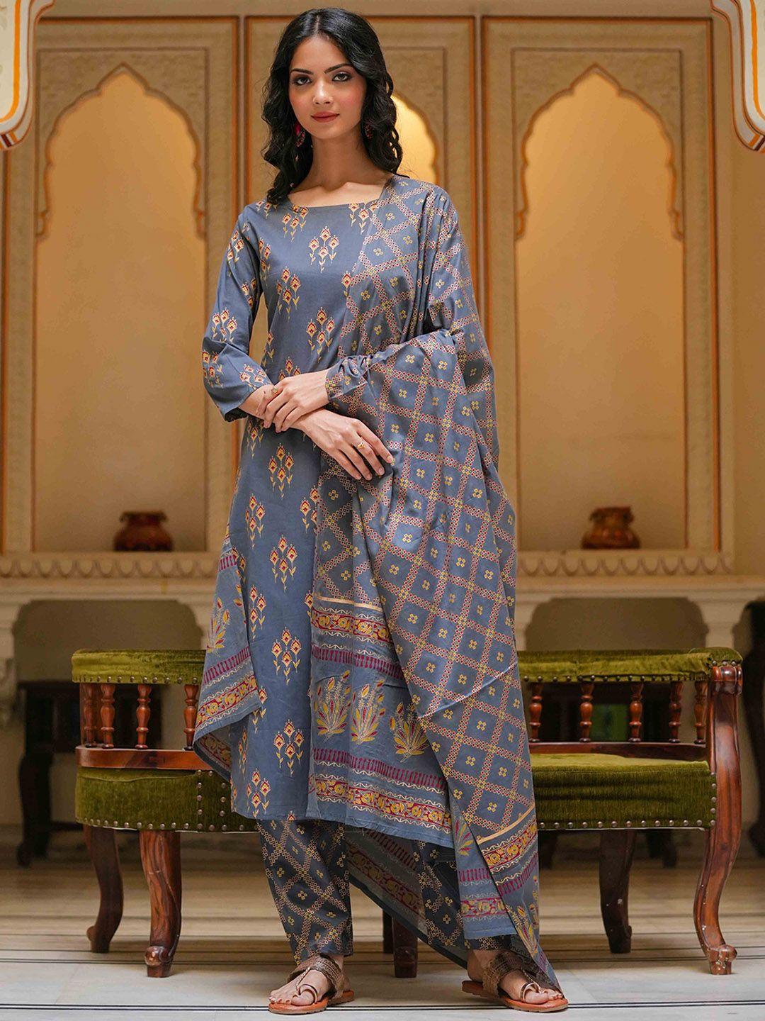 arayna ethnic motifs printed regular kurta with trousers & dupatta