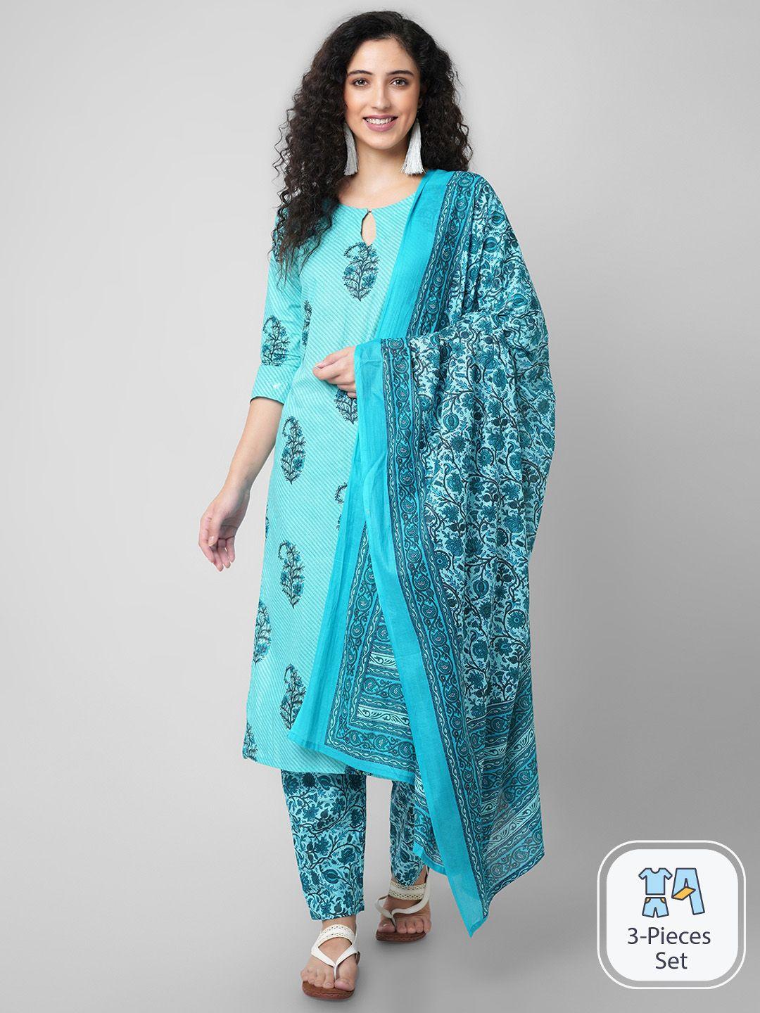arayna floral printed keyhole neck pure cotton kurta with trousers & with dupatta