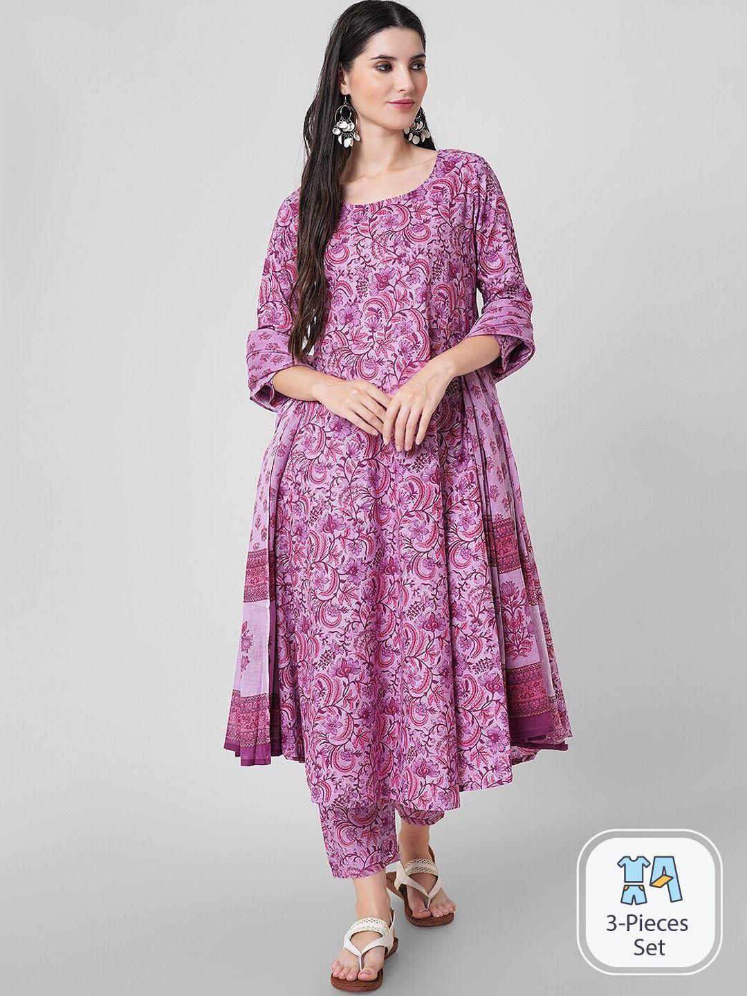 arayna floral printed pure cotton a-line kurta & trousers with dupatta