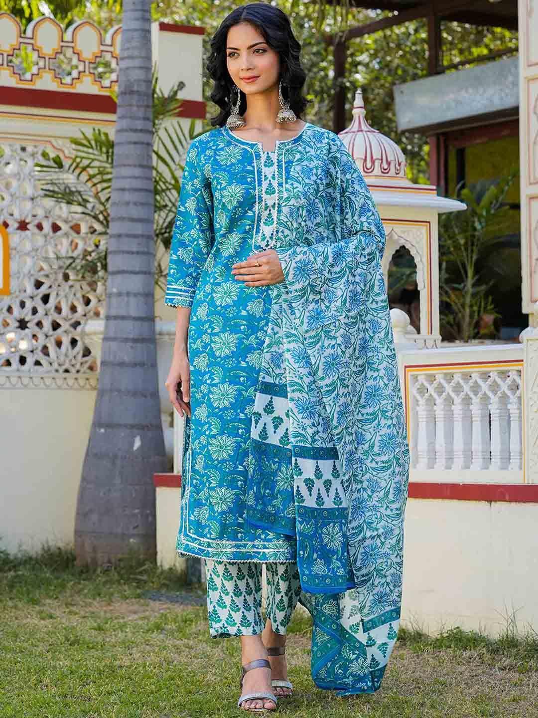 arayna floral printed pure cotton kurta & palazzos with dupatta