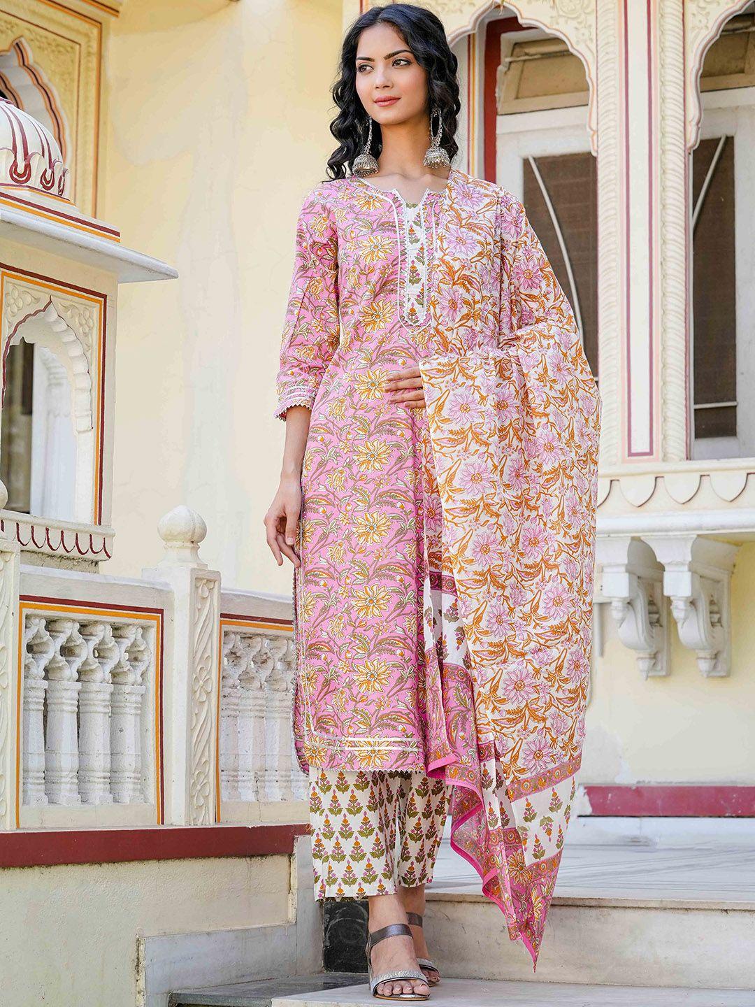 arayna floral printed pure cotton kurta & palazzos with dupatta