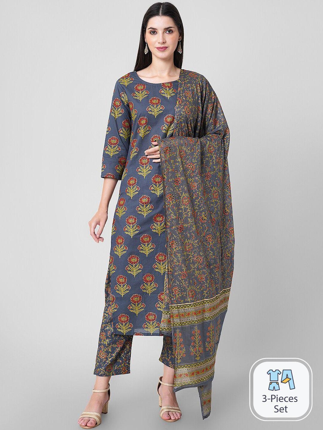 arayna floral printed pure cotton kurta with trousers & dupatta