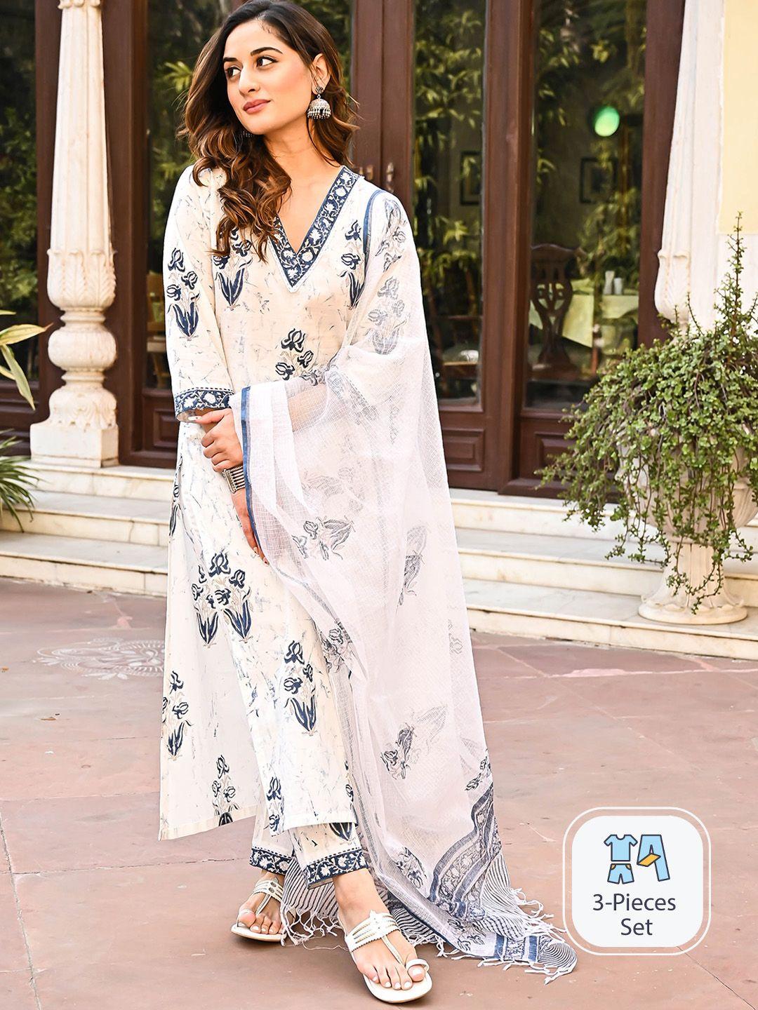 arayna floral printed pure cotton kurta with trousers & dupatta