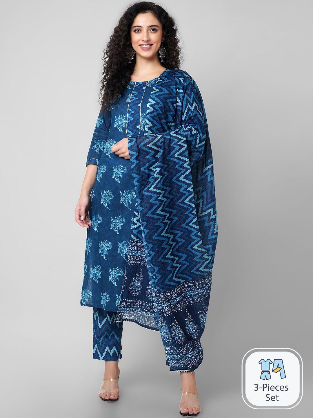 arayna floral printed pure cotton straight kurta with trousers & dupatta