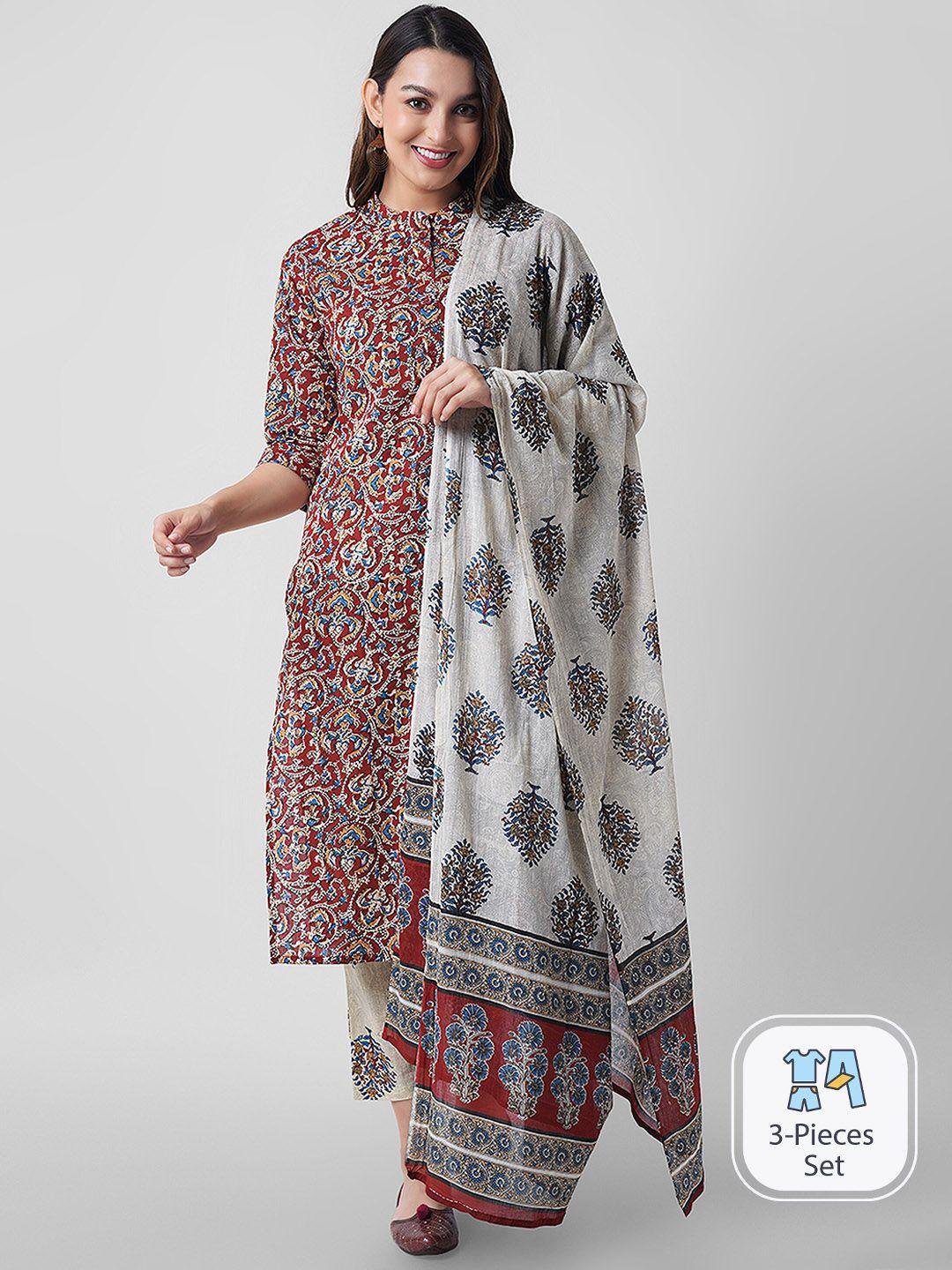 arayna floral printed regular pure cotton kurta with trousers & with dupatta