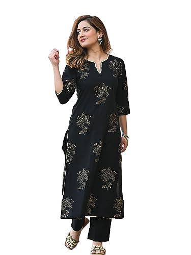 arayna women's rayon gold printed black kurta set with ethnic palazzo pants, x-large