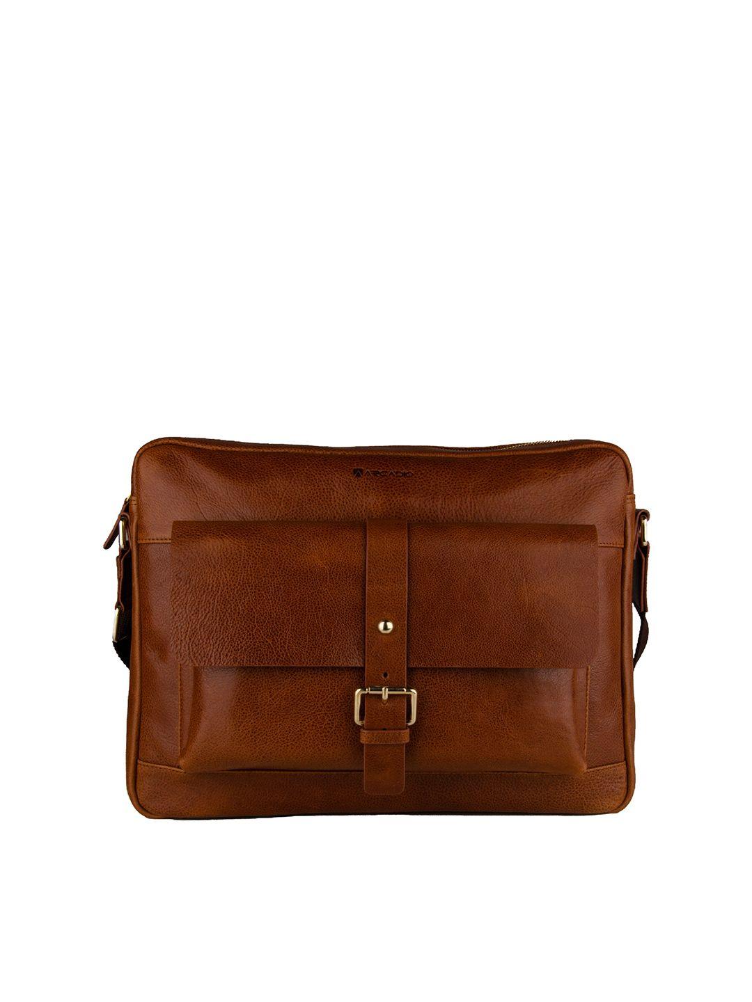 arcadio unisex brown & gold-toned textured leather laptop bag