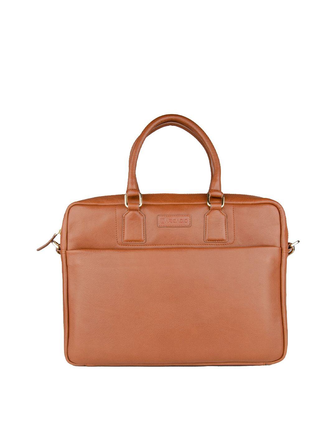 arcadio unisex tan & gold-toned textured leather laptop bag