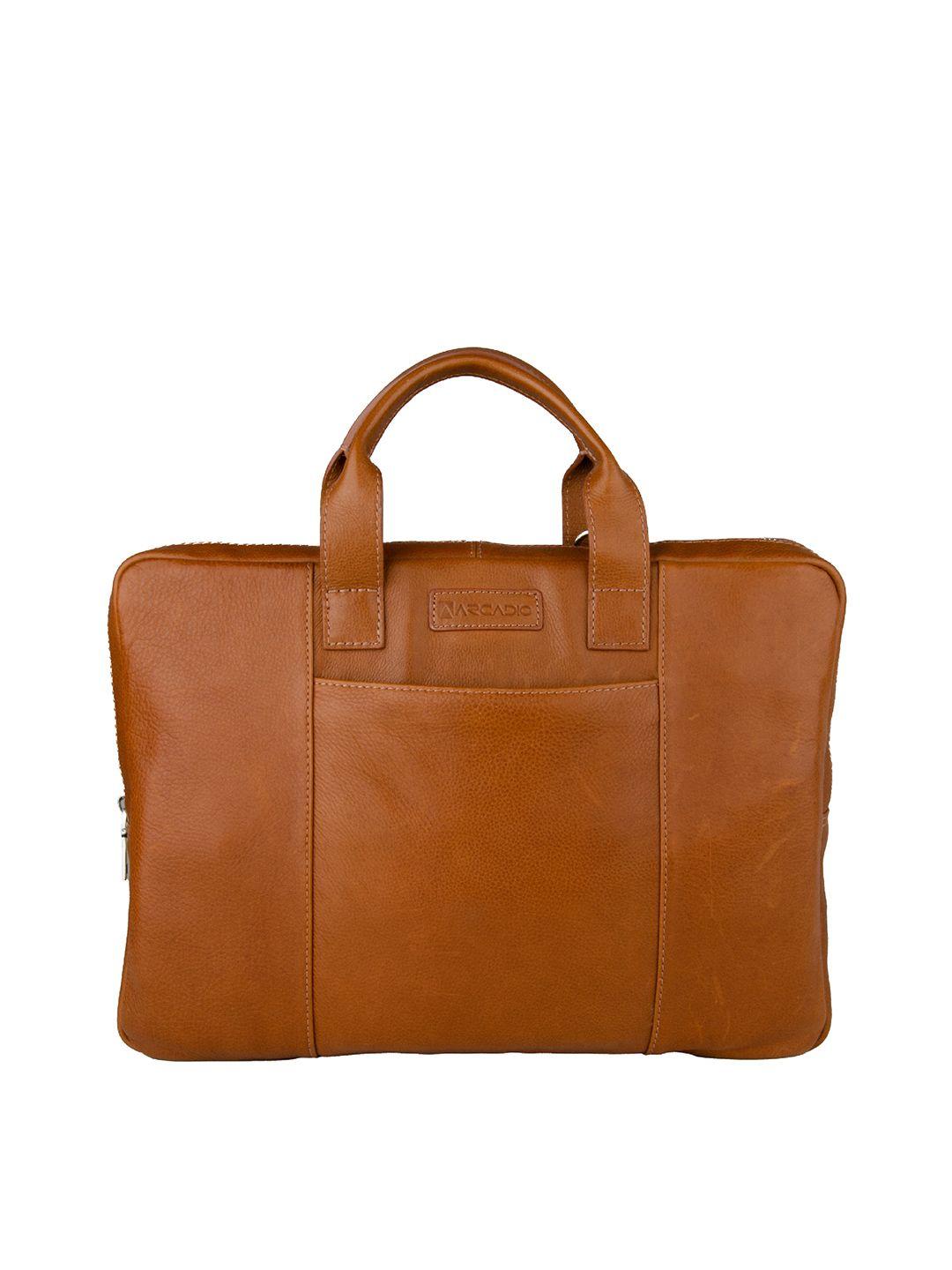 arcadio unisex tan & gold-toned textured leather laptop bag