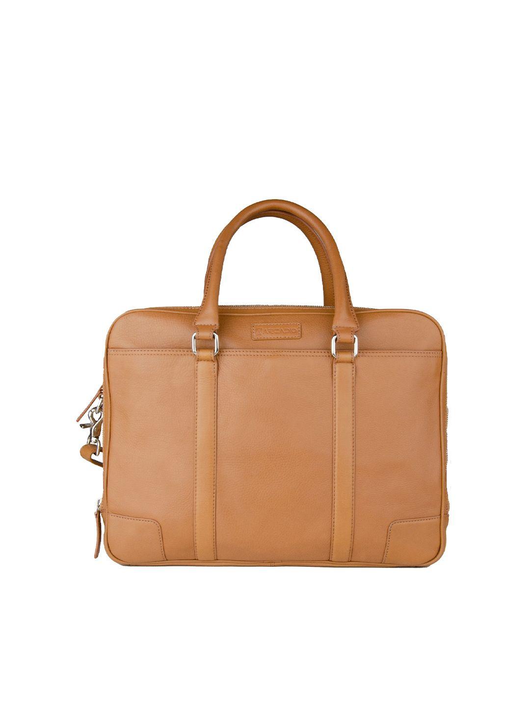 arcadio unisex tan & silver-toned textured leather laptop bag