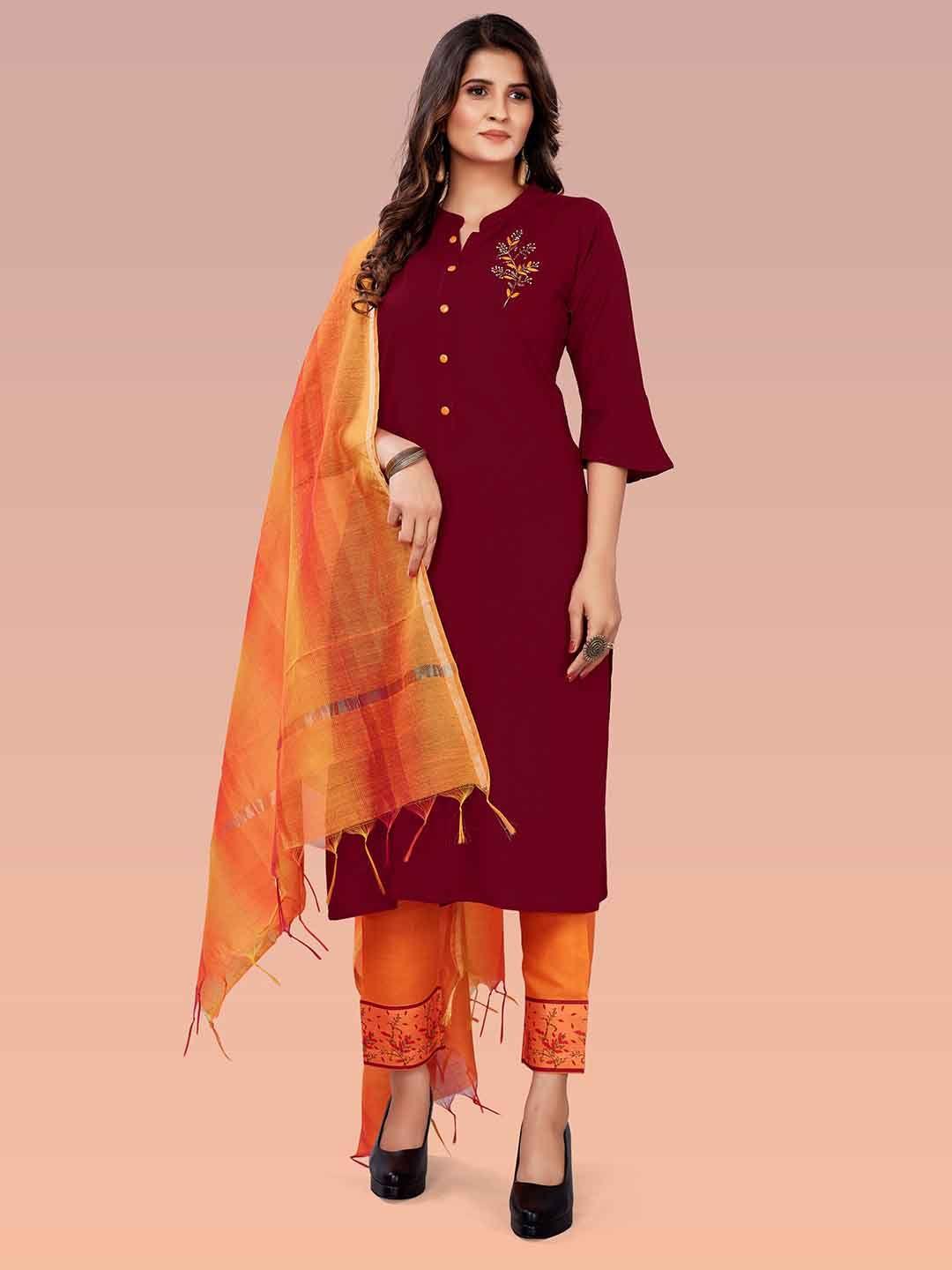 archittam ethnic motifs embroidered regular straight kurta with trousers & dupatta