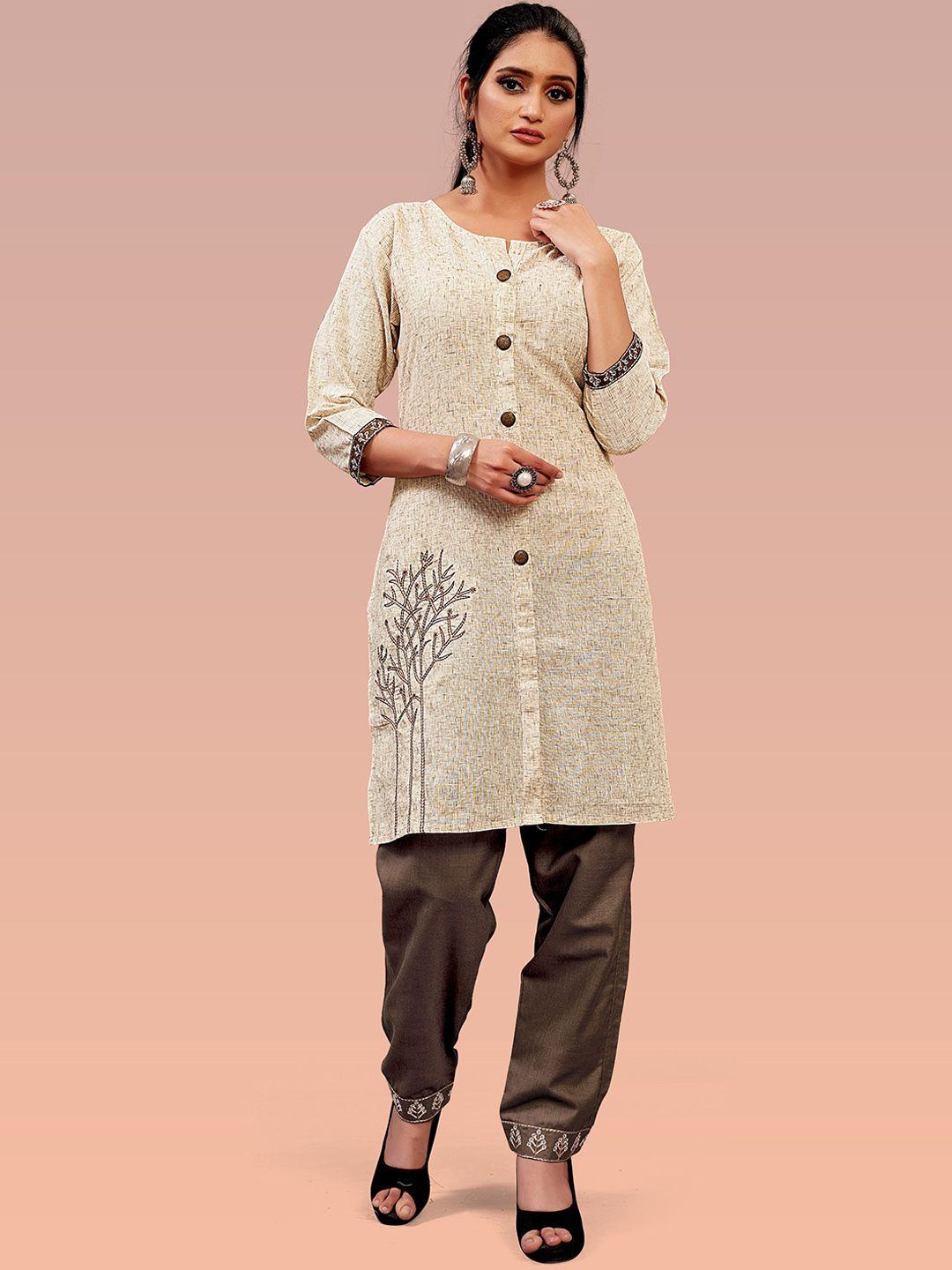archittam floral embroidered jute cotton regular thread work kurta with trousers