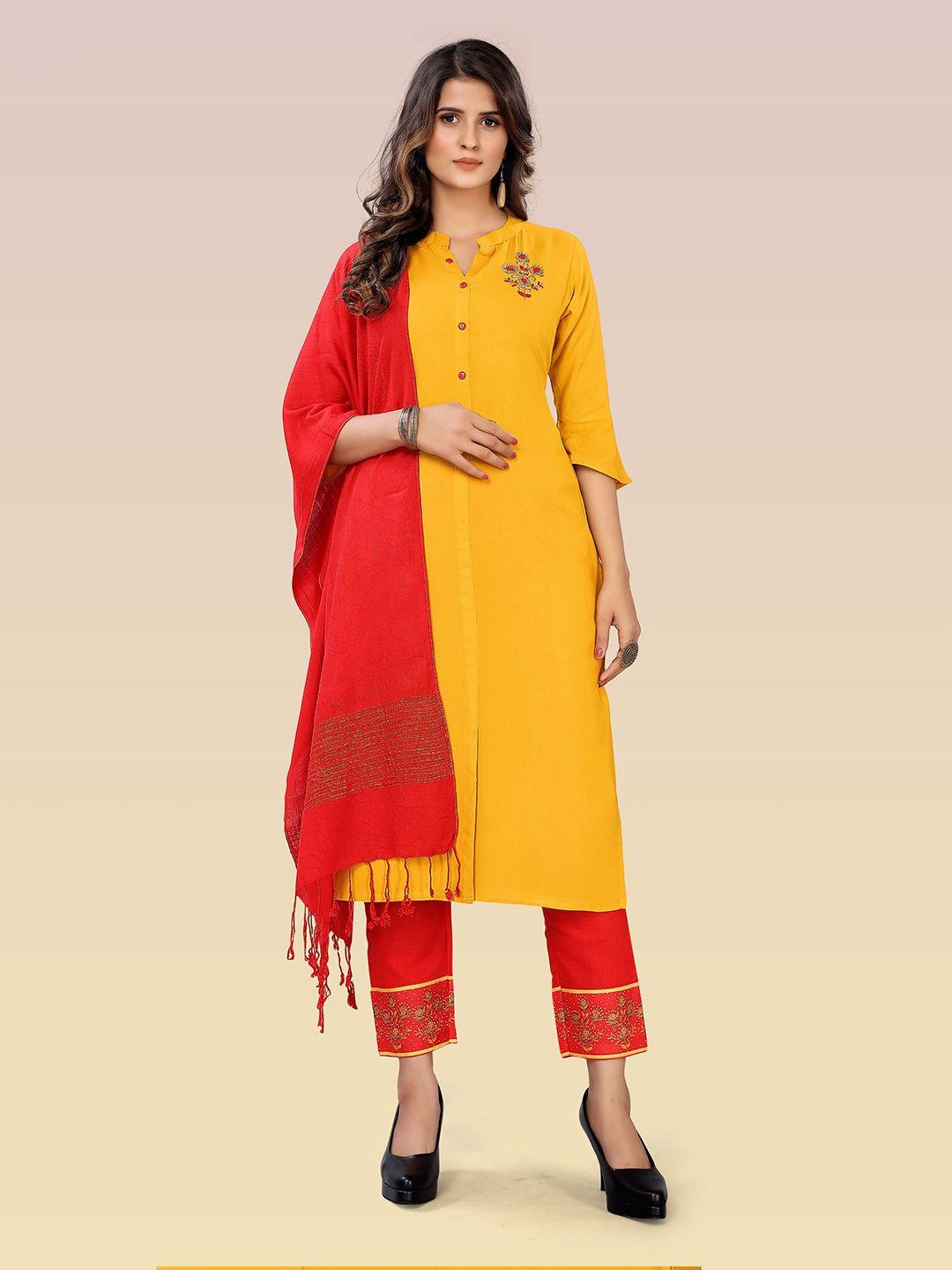 archittam women yellow floral yoke design regular beads and stones kurta with pyjamas & with dupatta