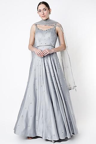 arctic grey embroidered gown with dupatta