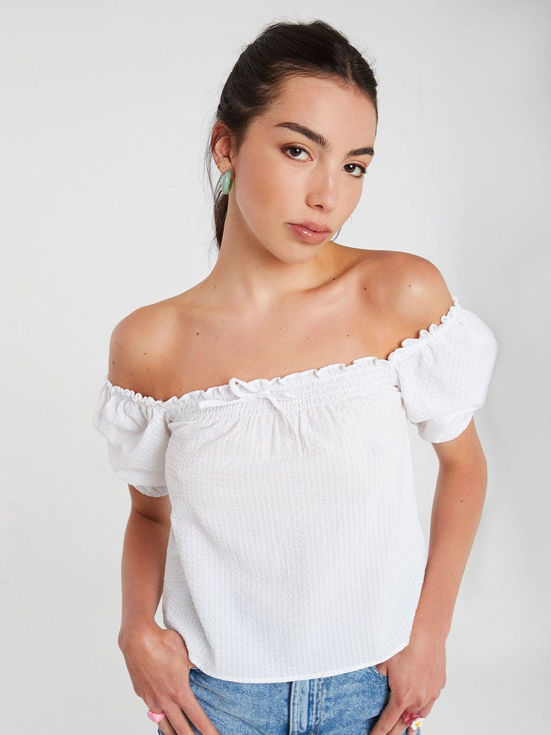 ardene self design off shoulder puff sleeves cotton casual top
