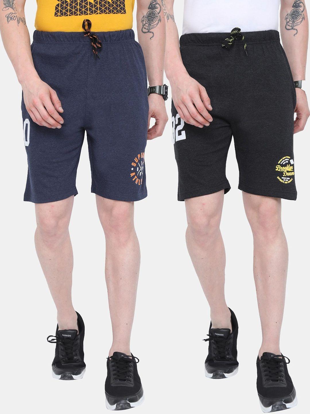 ardeur men navy blue & black pack of 2  typography printed training or gym regular shorts