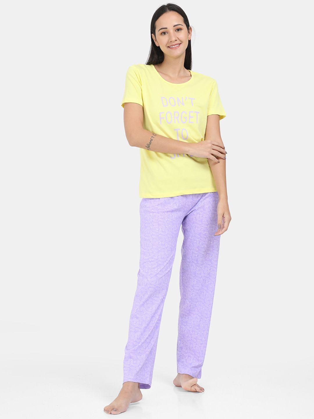 ardeur women yellow & violet printed night suit