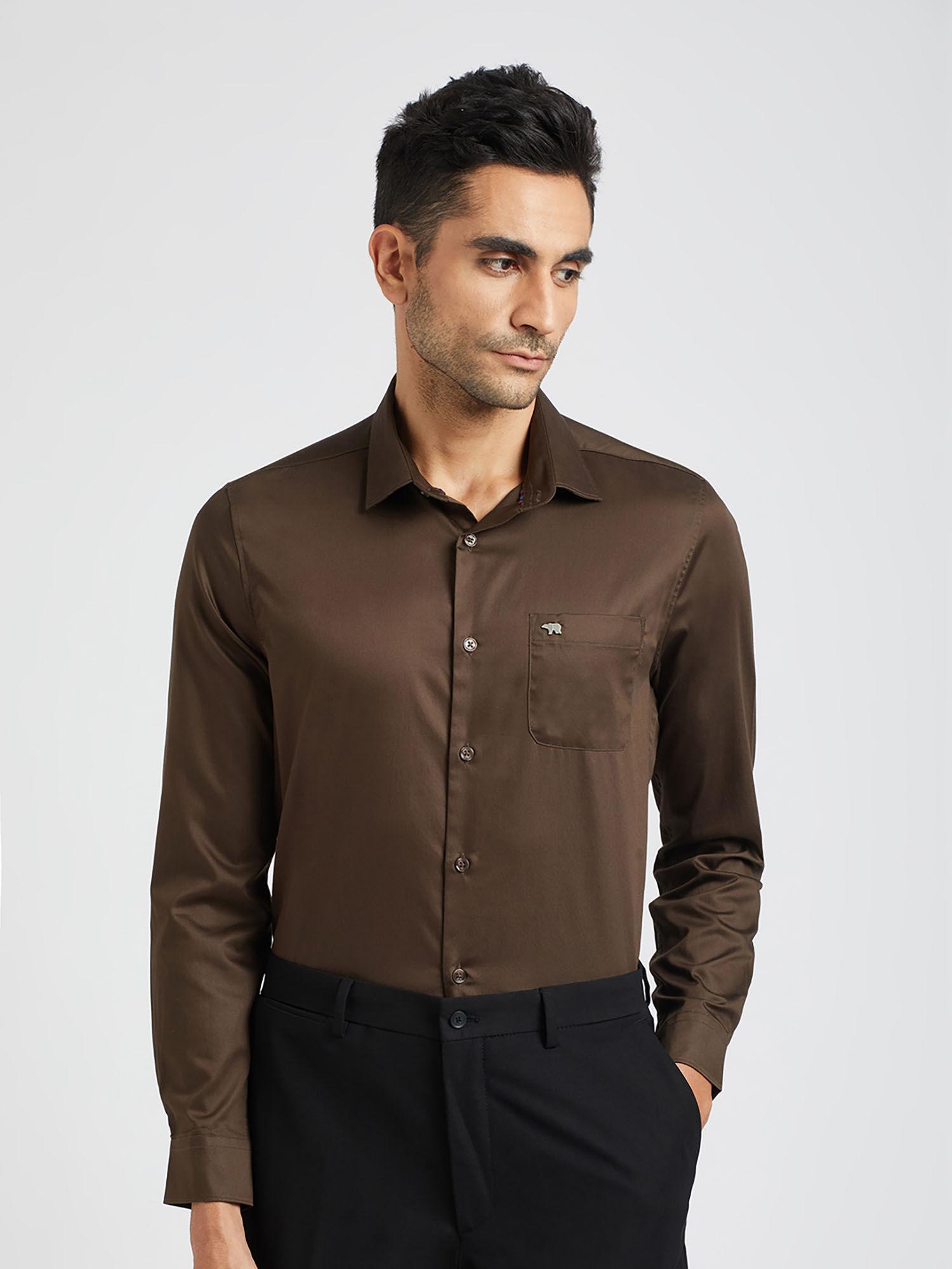 ardor edition men brown solid slim fit egyptian giza cotton formal shirt