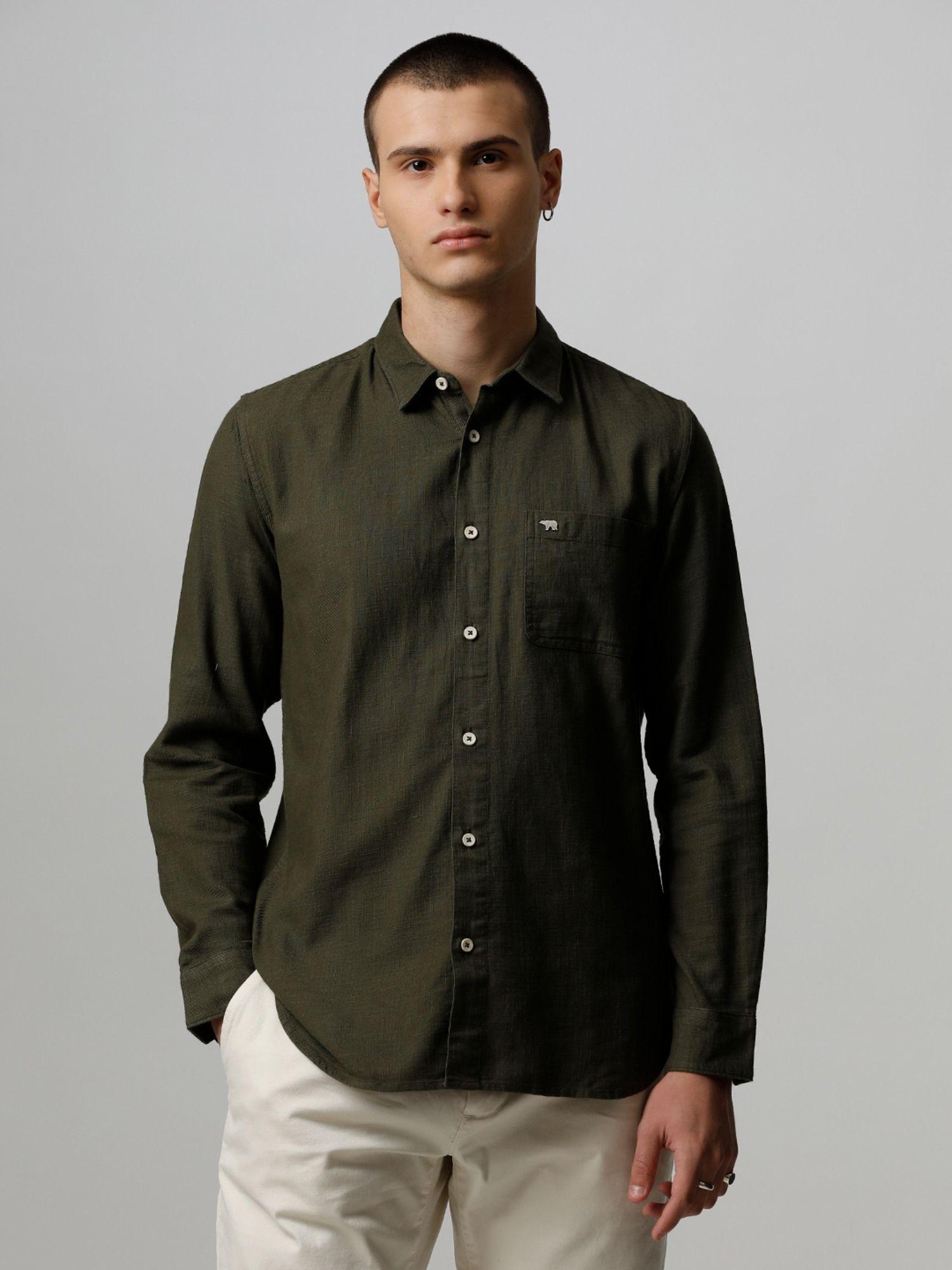 ardor edition men olive solid slim fit cotton casual shirt