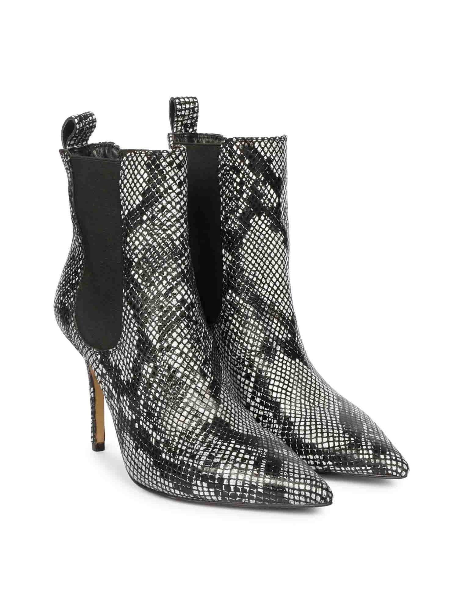 arely grey snake print leather kitten heel boots